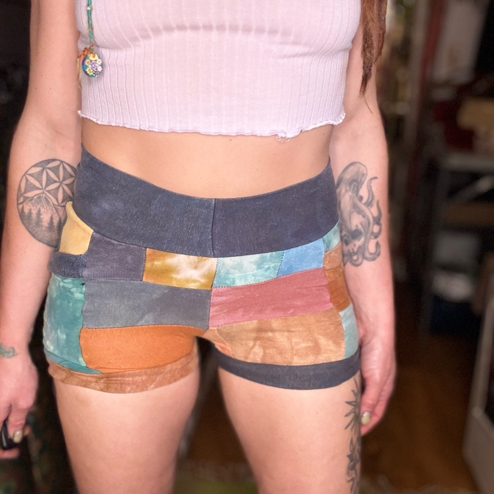 Hand made one of a kind patchwork short shorts earthy blue brown with pockets